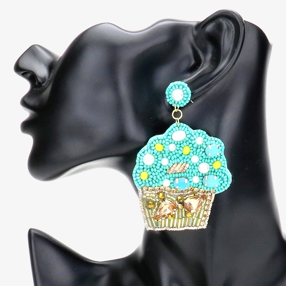 Turquoise Blue Beaded Cupcake Dangle Earrings Cute